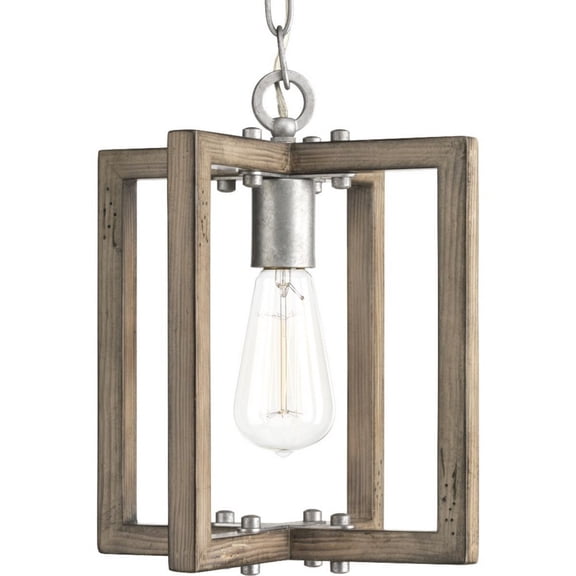Progress Lighting Turnbury 1-Light Mini-Pendant, Galvanized Steel, Nautical Coastal, Wood Frame