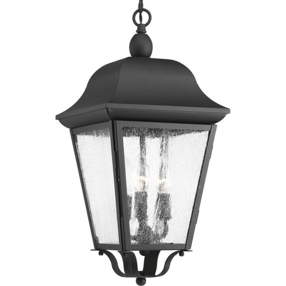 Progress Lighting Kiawah 3-Light Outdoor Hanging Lantern in Antique Bronze with Seeded Glass Panels and Frosted Center Glass