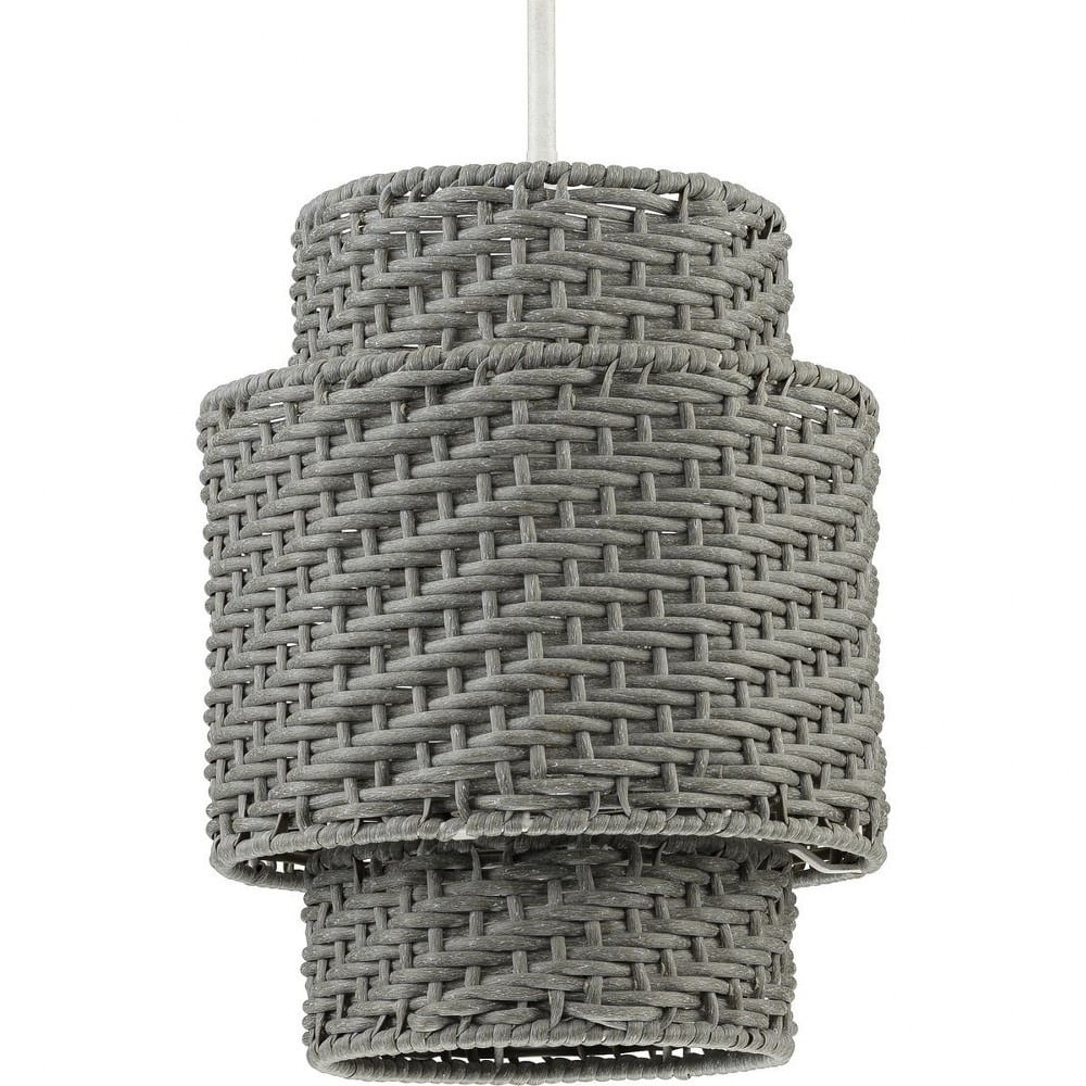 Weathered Grey Rattan Outdoor Pendant Light with White Etched Shade