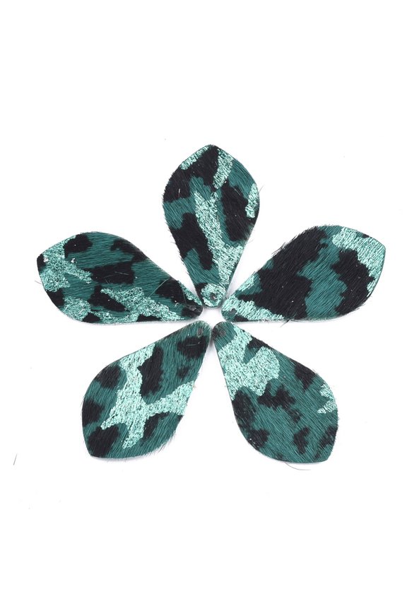 P552 - 6 pcs. Teal and Black REAL Leather Cowhide Dangle Pendants - Camouflage - Teardrop - 38mm (1.5") - Great for Earrings or Dangles!