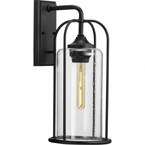 Watch Hill Collection One-Light Textured Black and Clear Seeded Glass Farmhouse Style Large Outdoor Wall Lantern