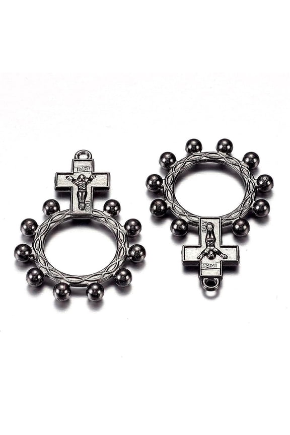 P570B - 100 pcs. Gunmetal Crucifix Cross Rosary Rings Charms Pendants - 46mm x 32mm - Hole Size: 2mm