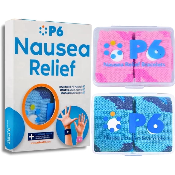P6 Motion Sickness Bands for Adults Wristbands for Anti Nausea Sea Cruise Travel Car Pregnancy Morning Sickness All-Natural Non Drowsy Relief Acupressure Treatment (2 Pack, Pink - Blue)