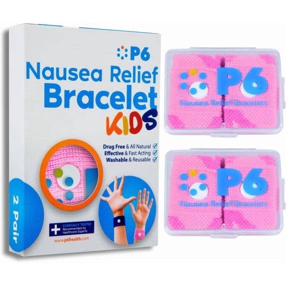 P6 Kids Reusable Motion Sickness & Nausea Support Acupressure Wristbands Set with Travel Case, Pink, 1 Pair
