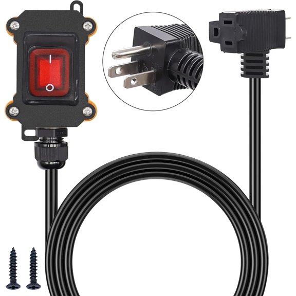 P67 Waterproof nlne Cord Swtch wth 4ft 18AWG Cable Pggyback Plug(3-Pronged), Extenson Cord wth Swtch On/Off, Outdoor Power Swtch wth Red Lght Rocker Button 20A/125V 16A/250V AC