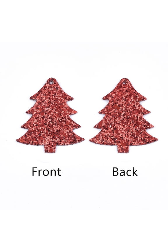 P681 - 10 pcs. Red Glitter Faux Leather Dangle Charms Pendants - Christmas Tree - 55mm (2.17") - Great for Light Earrings - Double-Sided