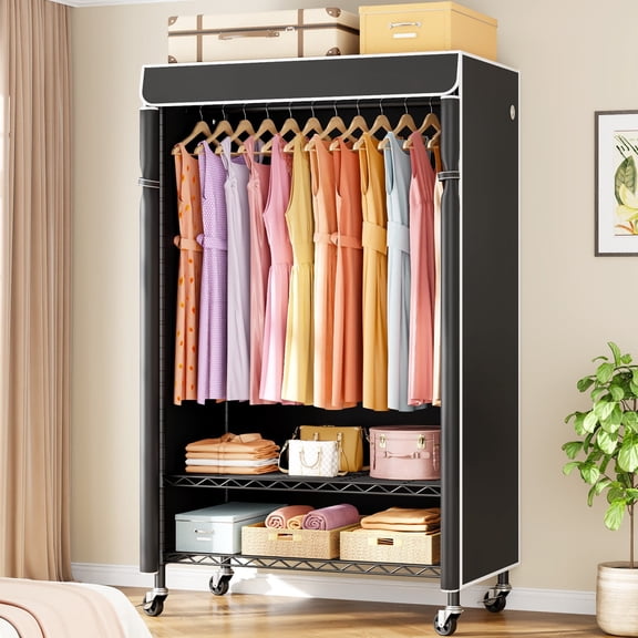 P6C Rolling Clothes Rack with Cover, Covered Clothing Racks Heavy Duty, Portable Closet for Hanging Clothes, Garment Racks on Wheels, Black Closet Rack with Black Cover, Max Load 365LBS