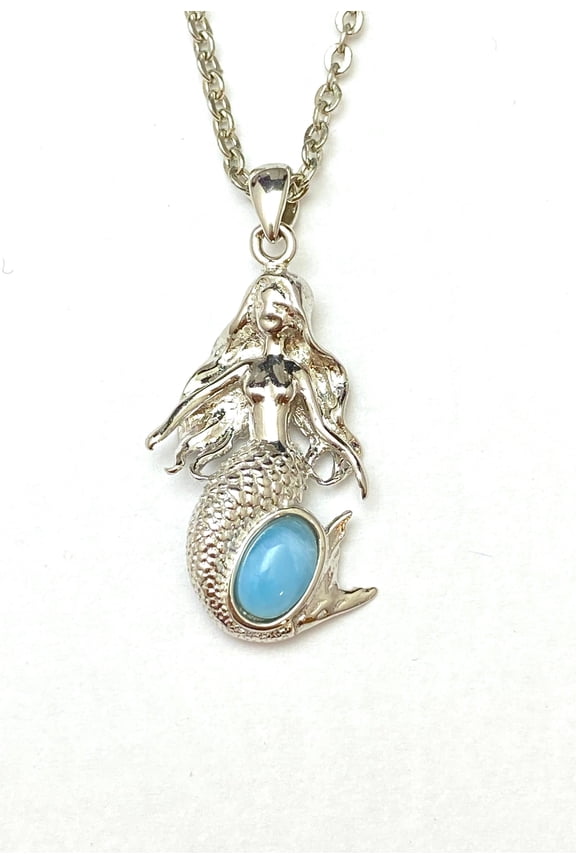 P7065S Dominican Republic Natural Caribbean Ocean Blue Larimar Mermaid Sterling Silver Pendant Gift for Her