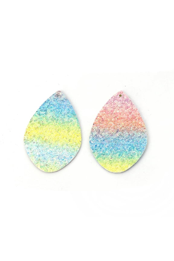 P719 - 10 pcs. Rainbow Stripes Faux Leather Dangle Charms Pendants - Sparkle - Teardrop - 55mm (2.17") - Double Sided - Great for Earrings