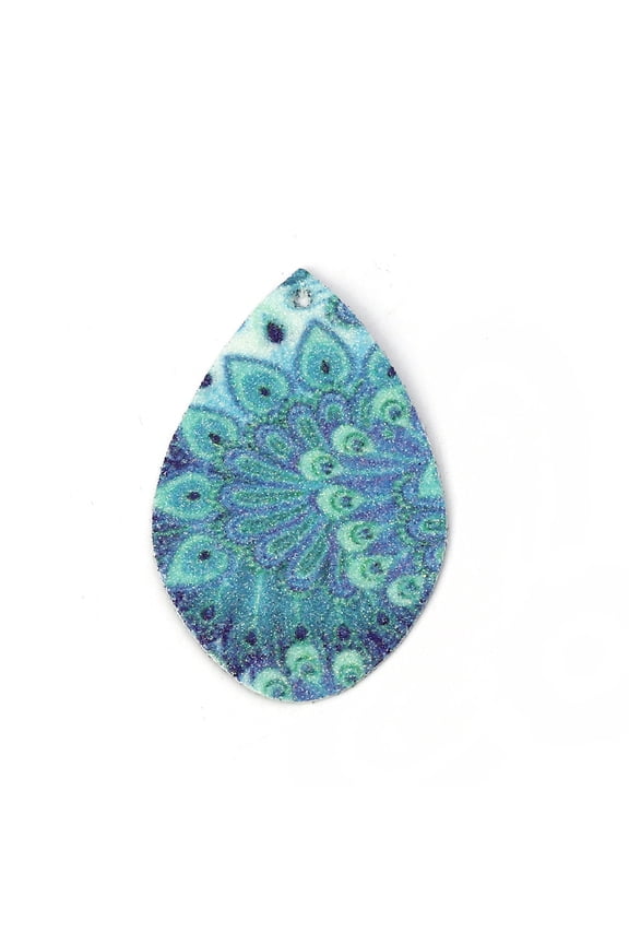 P732 - 10 pcs. Blue Floral Faux Leather Dangle Charms Pendants - Sparkle - Teardrop - 55mm (2.17") - Double Sided - Great for Earrings or Dangles