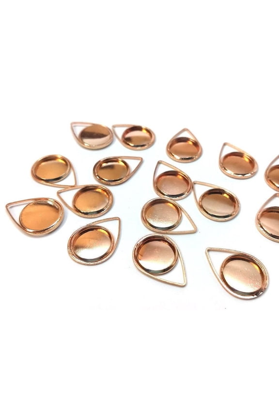 P770 - 10 pcs. Dark Rose Gold Pendant Circle Posts Settings Bezels Tray Cabochons - 12mm Glue Pad Setting (Cameo Setting Diameter) - Teardrop