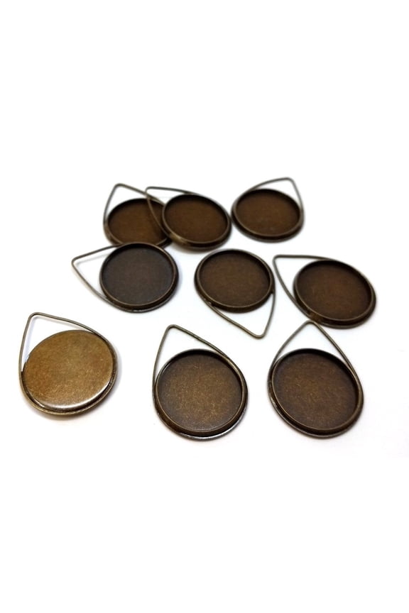 P773 - 10 pcs. Antique Bronze Pendant Circle Posts Settings Bezels Tray Cabochons - 20mm Glue Pad Setting (Cameo Setting Diameter) - Teardrop