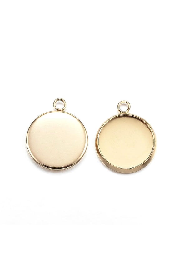 P790 - 10 pcs. 304 Stainless Steel Gold Circle Round Bezel Cabochon Pendant Tags Trays - 12mm Glue Pad - Single Loop - Hypoallergenic