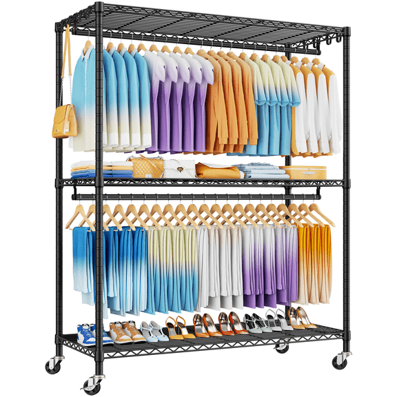P8 Max Heavy Duty Clothes Rack(With Extended Width Design) Rolling Clothing Racks for Hanging Clothes,Portable Garment Rack with Lockable Wheels,51.2" W x 15.8" D x 80.5" H,Load 700LBS,Black