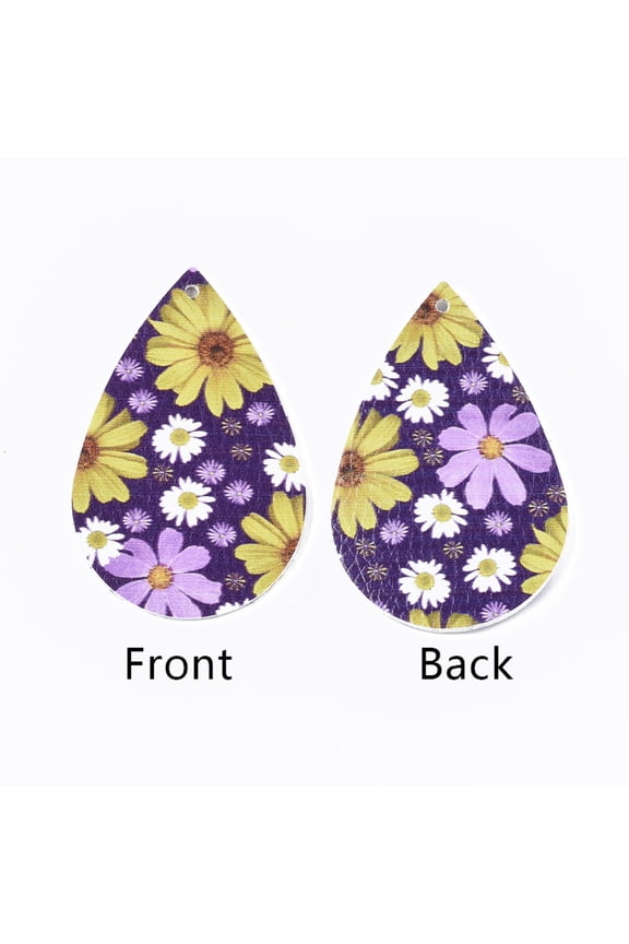 P811 - 10 pcs. Multicolor Floral Faux Leather Dangle Charms Pendants - Yellow Daisy - Teardrop - 55mm (2.17") - Double Sided