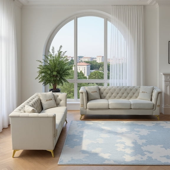 -P83-2PC SOFA -CW4 Modern Velvet Upholstered Sofa Set of 2, Cream White 3-Seater Sofas with Gold Metal Legs Contemporary Living Room Furniture for Family Homes, Apartments, and Lounge Spaces