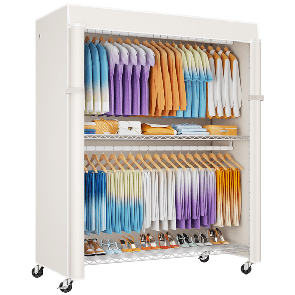 P8C Heavy Duty Clothes Rack(With Extended Width Design) Rolling Clothing Racks for Hanging Clothes with Lockable Wheels,51.2"W x 15.8"D x 80.5"H,Max Load 700LBS,White Rack with White Cover