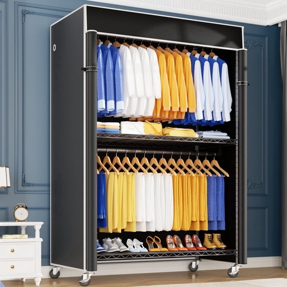 P8C Heavy Duty Clothes Rack(With Extended Width Design) Rolling Clothing Racks for Hanging Clothes with Lockable Wheels,51.2"W x 15.8"D x 80.5"H,Max Load 700LBS,Black Rack with Black Cover