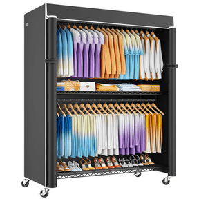 P8C Heavy Duty Clothes Rack(With Extended Width Design) Rolling Clothing Racks for Hanging Clothes with Lockable Wheels,51.2"W x 15.8"D x 80.5"H,Max Load 700LBS,Black Rack with Black Cover