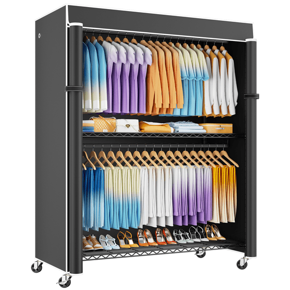 P8C Heavy Duty Clothes Rack(With Extended Width Design) Rolling Clothing Racks for Hanging Clothes with Lockable Wheels,51.2"W x 15.8"D x 80.5"H,Max Load 700LBS,Black Rack with Black Cover