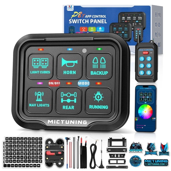 P8Y+ Ultra 6 Gang Switch Panel - Wireless App & 230FT Remote Control, IP67 Waterproof Auto Dimmable RGB Colors Circuit Box Toggle Switch Momentary Relay System for Truck RV Offroad Marine