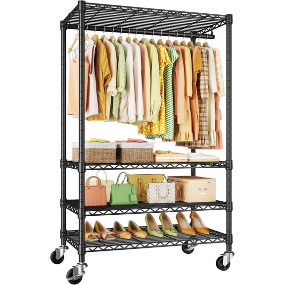P9 Rolling Clothes Rack Heavy Duty Clothing Racks Hanging Clothes 4 Tiers Garment Rack Wheels Metal Portable Closet Rack 35.5" L X 15.8" W X