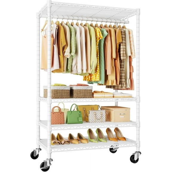 P9 Rolling Clothes Rack Heavy Duty, Clothing Racks for Hanging Clothes, 4 Tiers Garment Rack with Wheels, Metal Portable Closet Rack, 35.5" L X 15.8" W X 80.5" H, Max Load 445 LBS, White