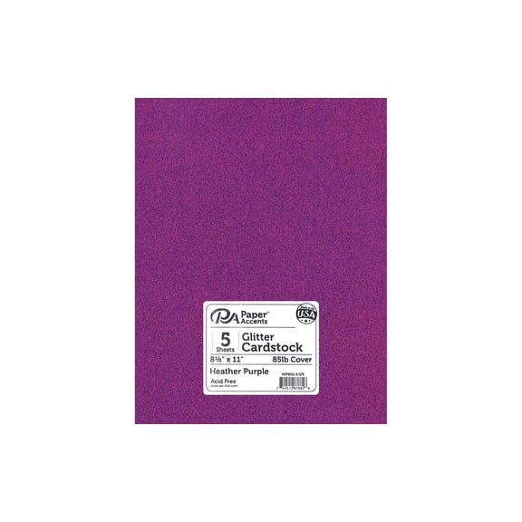 PA Paper Accents Glitter Cardstock 8.5" x 11" Heather Purple, 85lb colored cardstock paper for card making, scrapbooking, printing, quilling and crafts, 5 piece pack