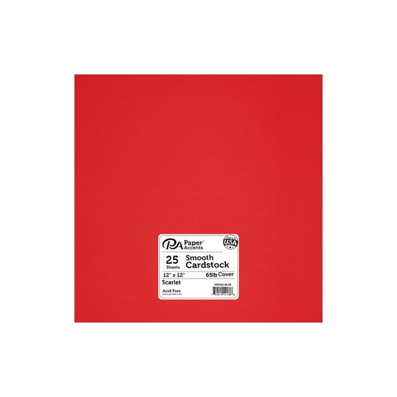 PA Paper Accents Smooth Cardstock 12" x 12" Scarlet, 65lb colored cardstock paper for card making, scrapbooking, printing, quilling and crafts, 25 piece pack