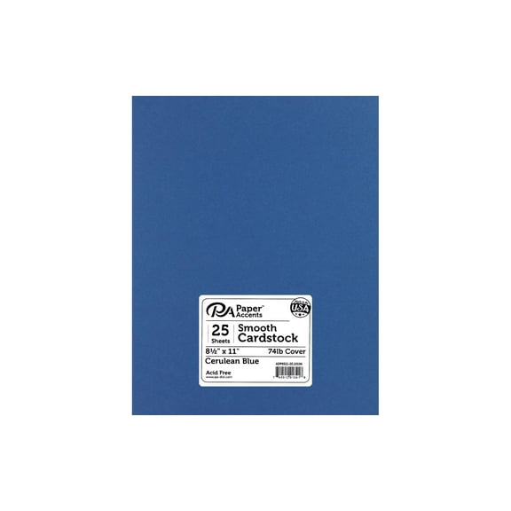 PA Paper Accents Smooth Cardstock 8.5" x 11" Cerulean Blue, 74lb colored cardstock paper for card making, scrapbooking, printing, quilling and crafts, 25 piece pack