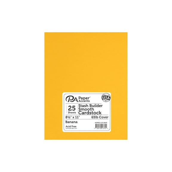 PA Paper Accents Stash Builder Cardstock 8.5" x 11" Banana, 65lb colored cardstock paper for card making, scrapbooking, printing, quilling and crafts, 25 piece pack