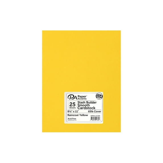 PA Paper Accents Stash Builder Cardstock 8.5" x 11" Raincoat Yellow, 65lb colored cardstock paper for card making, scrapbooking, printing, quilling and crafts, 25 piece pack