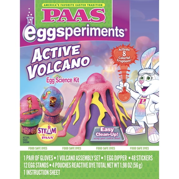 PAAS Eggsperiments Active Volcano Easter Egg Decorating Kit Fun & Educational Kit with 8 Colorful Eruptions, Stickers, and Volcano Assembly Set
