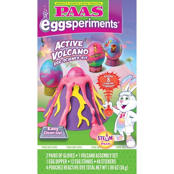 PAAS Eggsperiments: Active Volcano Egg Science Kit - Activate 8 Colorful Eruptions with Easy Clean-Up, Includes Assembly Set, Two Pairs of Gloves, Egg Dipper, Egg Stands, Stickers
