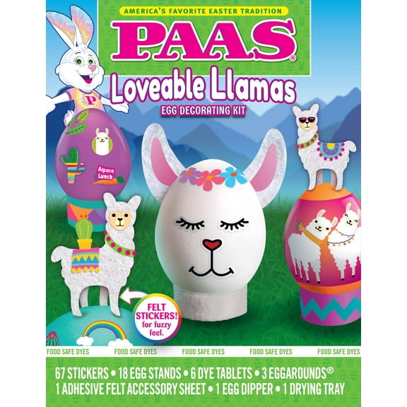 PAAS Loveable Llamas Egg Decorating Kit: Includes Felt Stickers for Fuzzy Feel, Egg Stands, Food Safe Dye Tablets, Adhesive Felt Accessory Sheet, Egg Dipper, Drying Tray - No Mess Easter Kit!