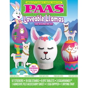 PAAS Loveable Llamas Egg Decorating Kit: Includes Felt Stickers for Fuzzy Feel, Egg Stands, Food Safe Dye Tablets, Adhesive Felt Accessory Sheet, Egg Dipper, Drying Tray - No Mess Easter Kit!