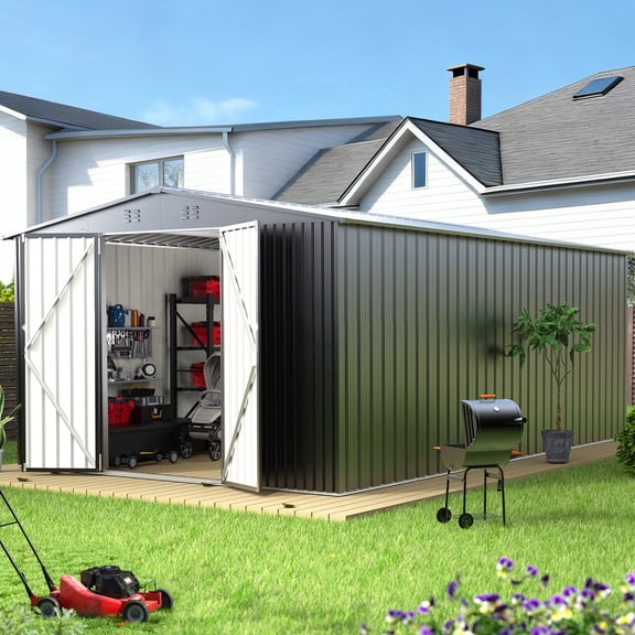 PABIMIA 10 x 14 ft Metal Outdoor Storage Shed with Roof, Lockable Doors for Lawn and Patio Furniture Storage, Black