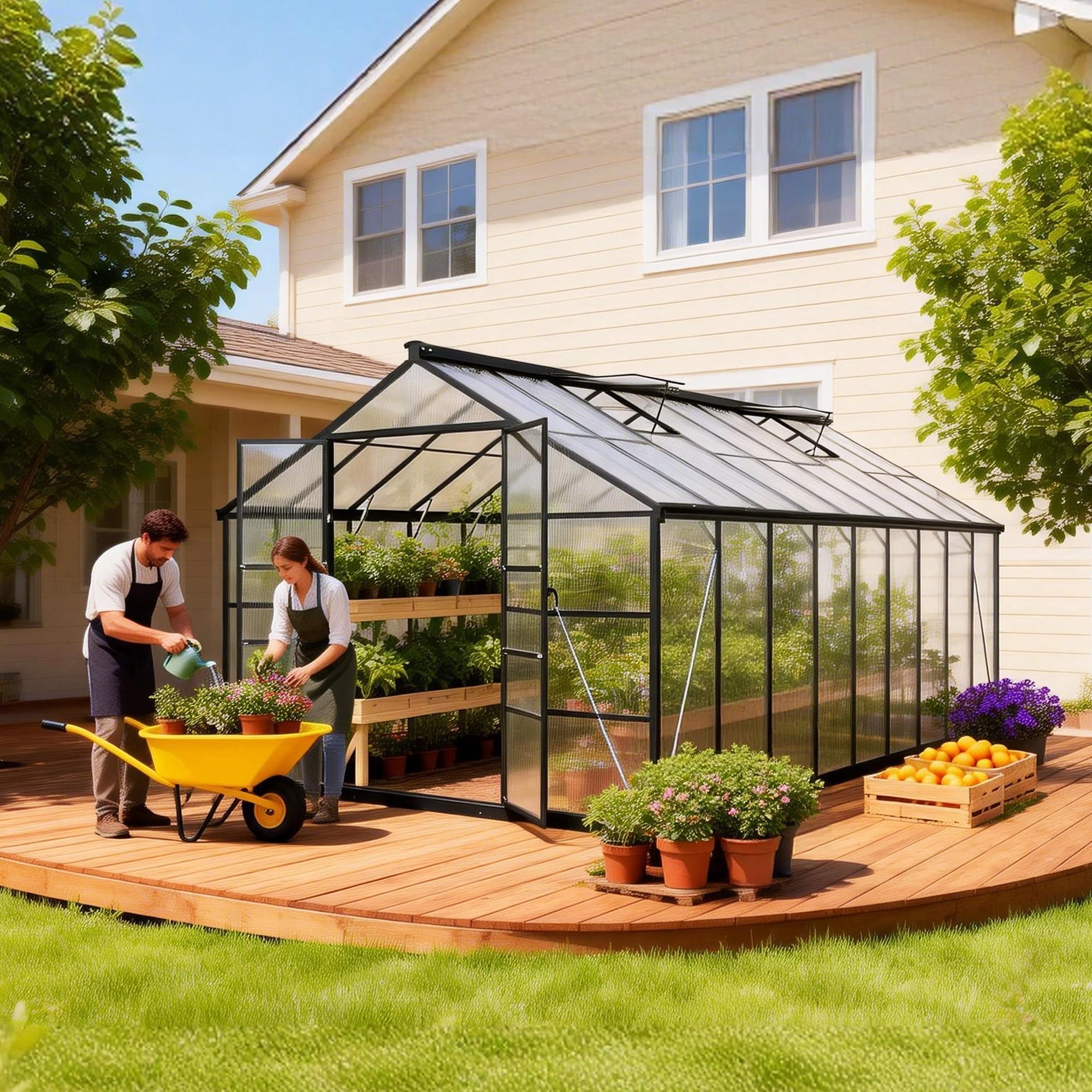 PABIMIA 10x18 FT Polycarbonate Outdoor Greenhouse, Aluminum Walk-in Greenhouse with Roof Vent, Black