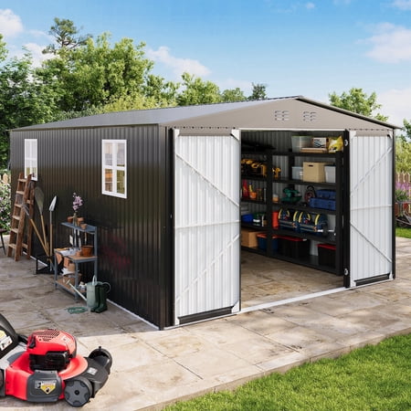 PABIMIA 12'x18' Outdoor Metal Storage Shed with 2 Windows, Large Steel Garden Shed with Lockable Double Doors, Reinforced Structure for Backyard, Garden, Lawn