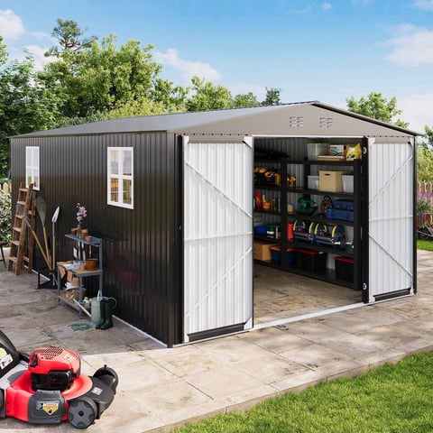 PABIMIA 12'x18' Outdoor Metal Storage Shed with 2 Windows, Large Steel Garden Shed with Lockable Double Doors, Reinforced Structure for Backyard, Garden, Lawn