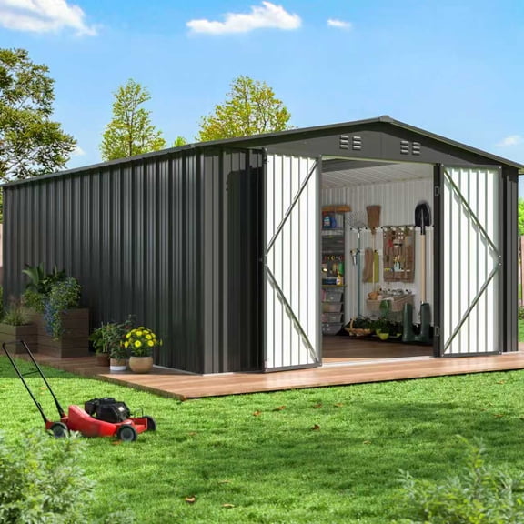 PABIMIA 14 FT x 12 FT Heavy-Duty Steel Outdoor Storage Shed, Garden Tool Shed with Lockable Doors, Black Roof