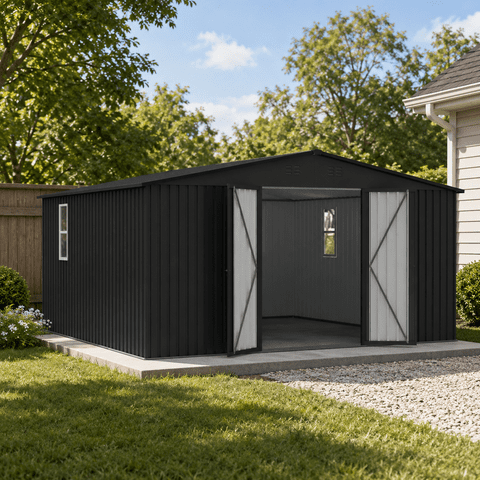 PABIMIA 14 x 12 FT Outdoor Storage Shed, Large Metal Tool Shed with Lockable Double Doors, 2 Translucent Windows and Gable Vents, Dark Gray