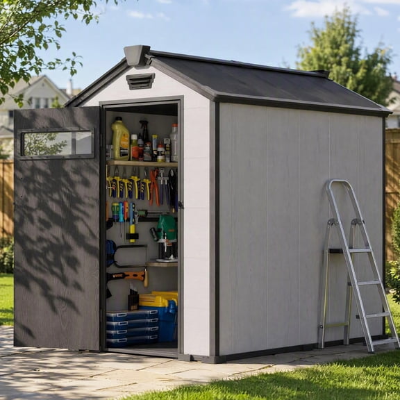 PABIMIA 4x6 FT Outdoor Storage Shed with Floor, Resin Plastic Garden Shed with Window, Lockable Door & Ventilation, Gray