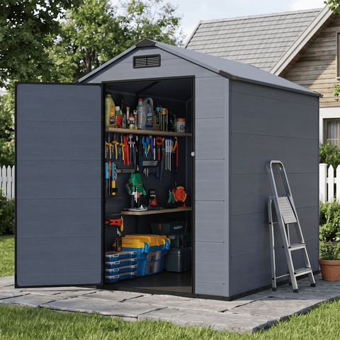 PABIMIA 4x6 FT Resin Storage Shed with Floor Outdoor Plastic Tool Shed, Weatherproof Garden Shed with Sloped Roof, Built-In Vents & Padlock-Ready Door