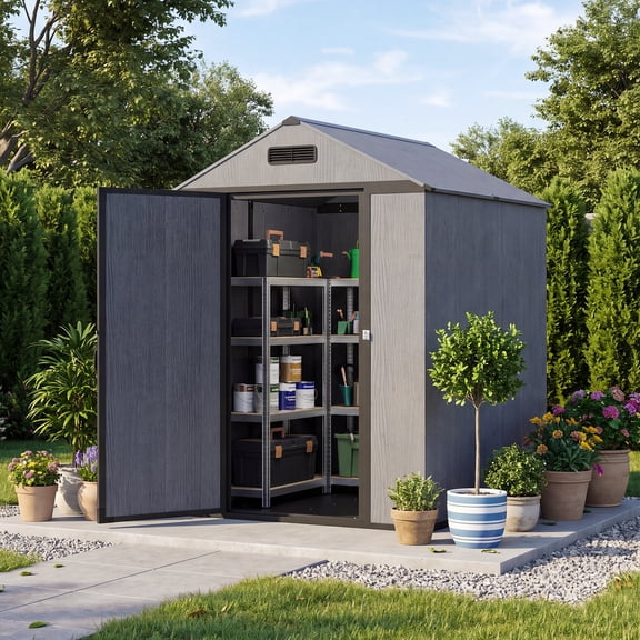 PABIMIA 4x6 FT Resin Storage Shed with Floor Outdoor Plastic Tool Shed, Weatherproof Garden Shed with Sloped Roof, Built-In Vents & Padlock-Ready Door