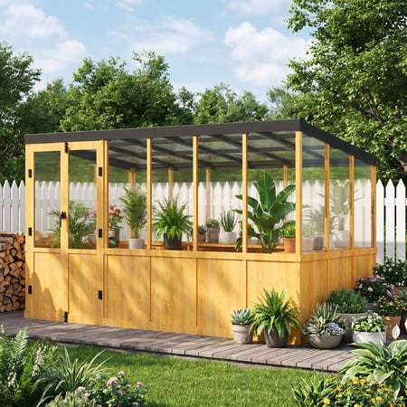 PABIMIA 6 ft. x 12 ft. Sloped Roof Wood Greenhouse with Double Doors, Folding Potting Shelves and Roof Vent