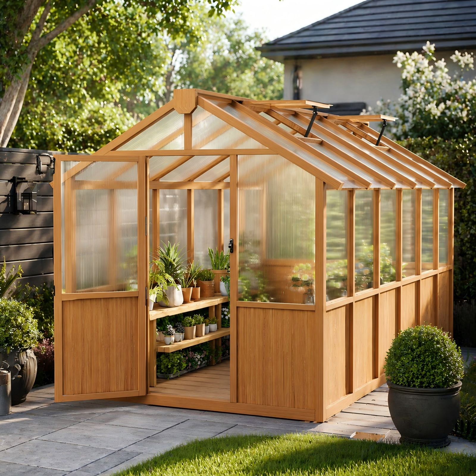 PABIMIA 6 ft. x 12 ft. Wood Greenhouse, Outdoor Walk-in Greenhouse Kit with Polycarbonate Panels and Adjustable Roof Vent