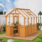 PABIMIA 6 ft. x8 ft. Wood Greenhouse, Outdoor Walk-in Greenhouse Kit with Polycarbonate Panels and Adjustable Roof Vent
