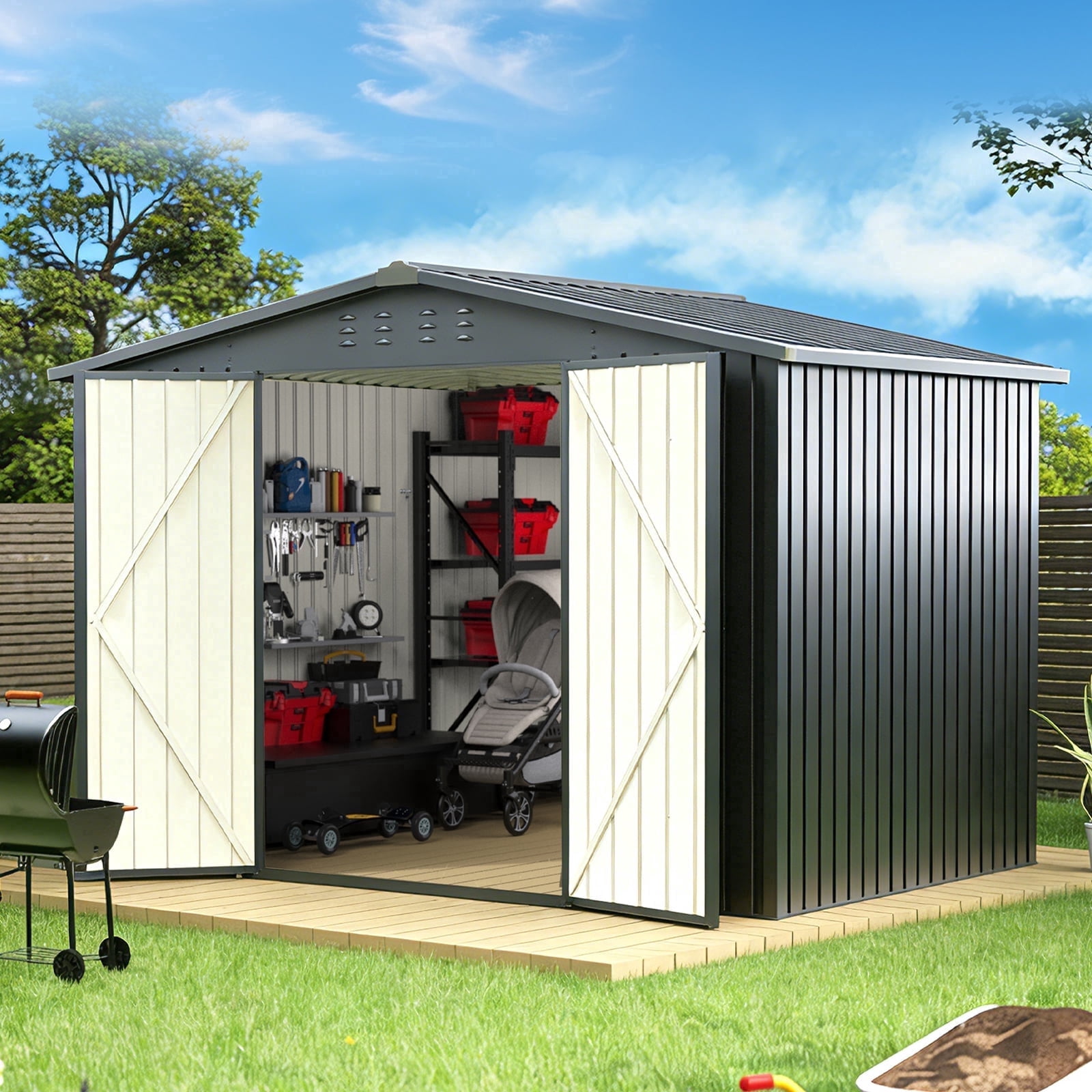 PABIMIA 8 x 8 ft Metal Outdoor Storage Shed with Lockable Double Doors, Sloped Roof and Air Vents, Black