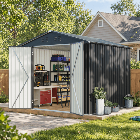 PABIMIA 8 x 8 ft Metal Outdoor Storage Shed with Lockable Double Doors, Sloped Roof and Air Vents, Black